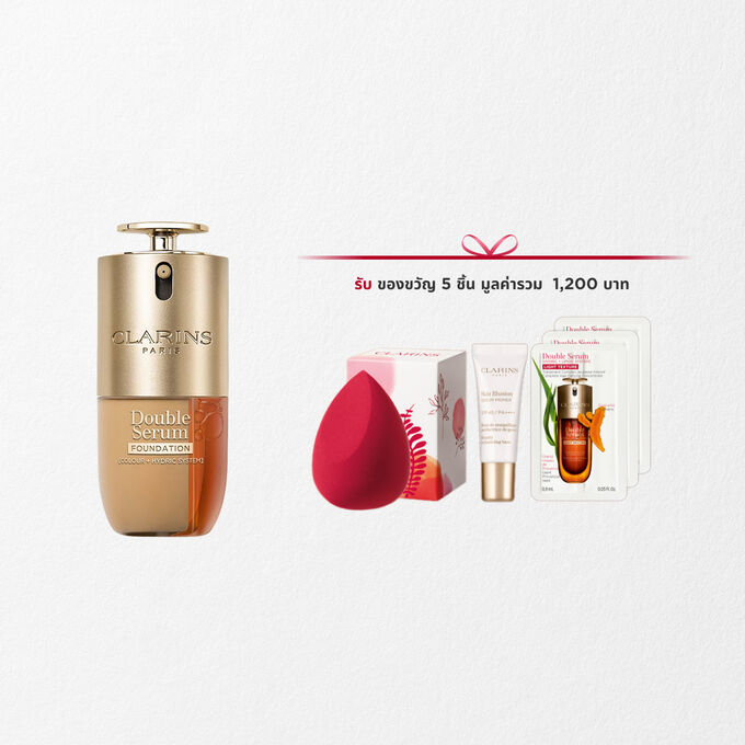 ภาพถ่ายผลิตภัณฑ์คลาแรงส์ Double Serum Foundation มีให้เลือกสำหรับทุกโทนสีผิว พร้อมส่วนผสมหลักของขมิ้นและปาเปน