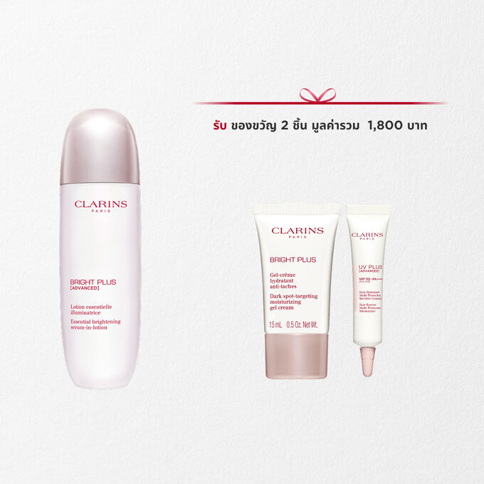 ภาพถ่ายผลิตภัณฑ์ของ Clarins Brightening Lotion วางถัดจาก Acerola Fruit และโมเลกุล Niacinamide บนพื้นหลังสีเทาอ่อน