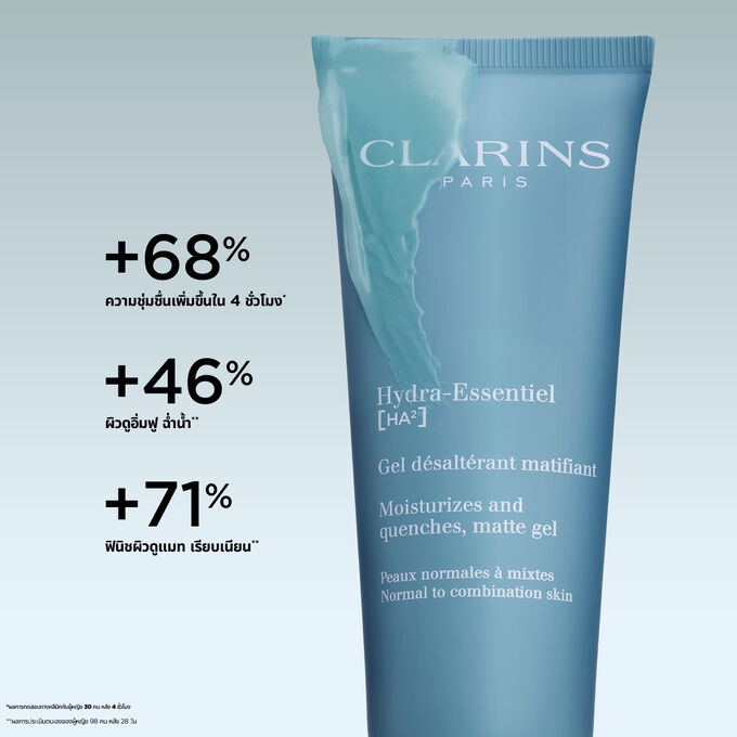 ภาพแสดง Clarins Hydra-Essentiel Matte Gel เจลบำรุงผิวหน้าใช้ในช่วงกลางวัน ที่อุดมไปด้วยกรดไฮยาลูโรนิกที่มอบความชุ่มชื้นและควบคุมความมัน
