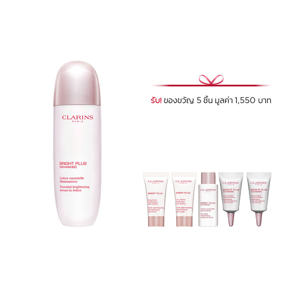ภาพถ่ายผลิตภัณฑ์ของ Clarins Brightening Lotion วางถัดจาก Acerola Fruit และโมเลกุล Niacinamide บนพื้นหลังสีเทาอ่อน
