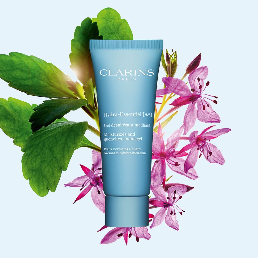 ภาพแสดง Clarins Hydra-Essentiel Matte Gel เจลบำรุงผิวหน้าใช้ในช่วงกลางวัน ที่อุดมไปด้วยกรดไฮยาลูโรนิกที่มอบความชุ่มชื้นและควบคุมความมัน