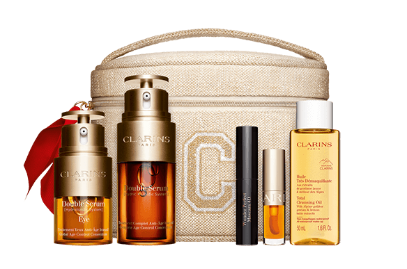 แพ็คสุดคุ้มสำหรับรอบดวงตา Double Serum และ Double Serum Eye หนึ่งเซตประกอบด้วย Mascara แท่งเล็กและ Lip Comfort Oil แท่งเล็กและ Micellar Cleansing Water ขนาดทดลอง